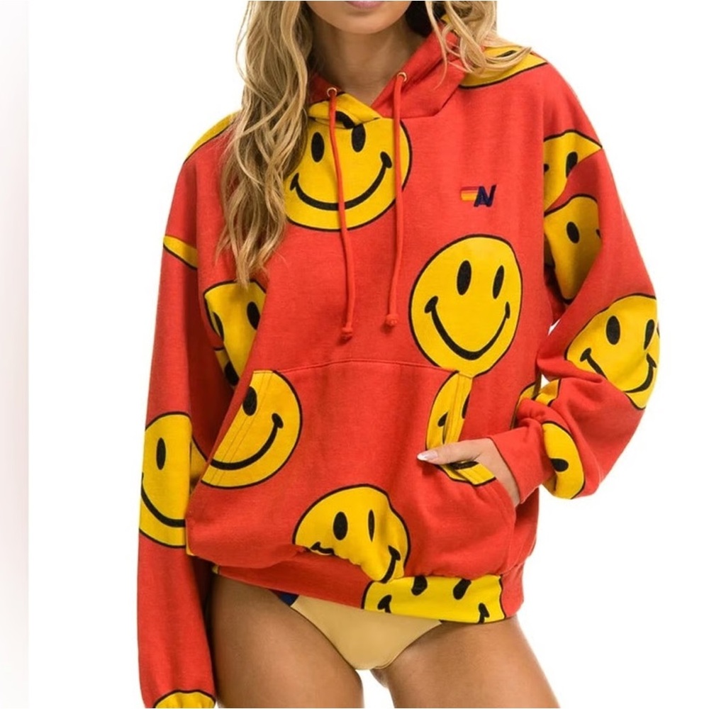 aviator nation sweatshirt hoodie medium red yellow smiley faces unisex sweater